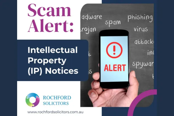 Warning sign about intellectual property scams targeting businesses.