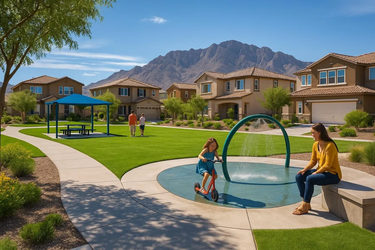Vibrant suburban community in Skye Canyon, Las Vegas featuring modern homes, walking trails, lush landscaping, and mountain views—highlighting the family-friendly lifestyle and outdoor amenities that attract homebuyers to this Northwest Las Vegas master-planned neighborhood
