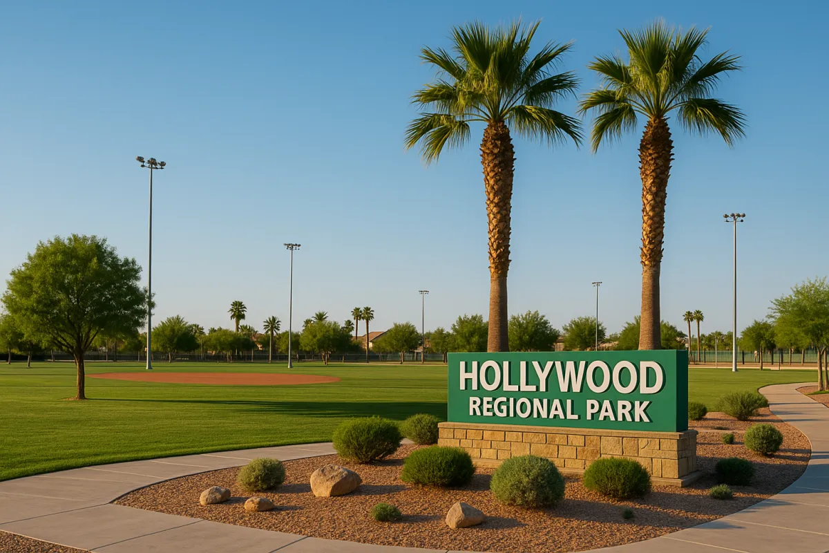 Hollywood Regional Park in Las Vegas featuring green fields, palm trees, baseball diamond, and community park sign under a clear blue sky at 600x400