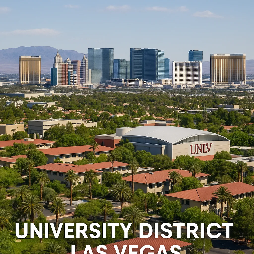 Realistic image of University District Las Vegas featuring UNLV campus, palm trees, and the Las Vegas Strip skyline in the background, highlighting urban lifestyle and community living.