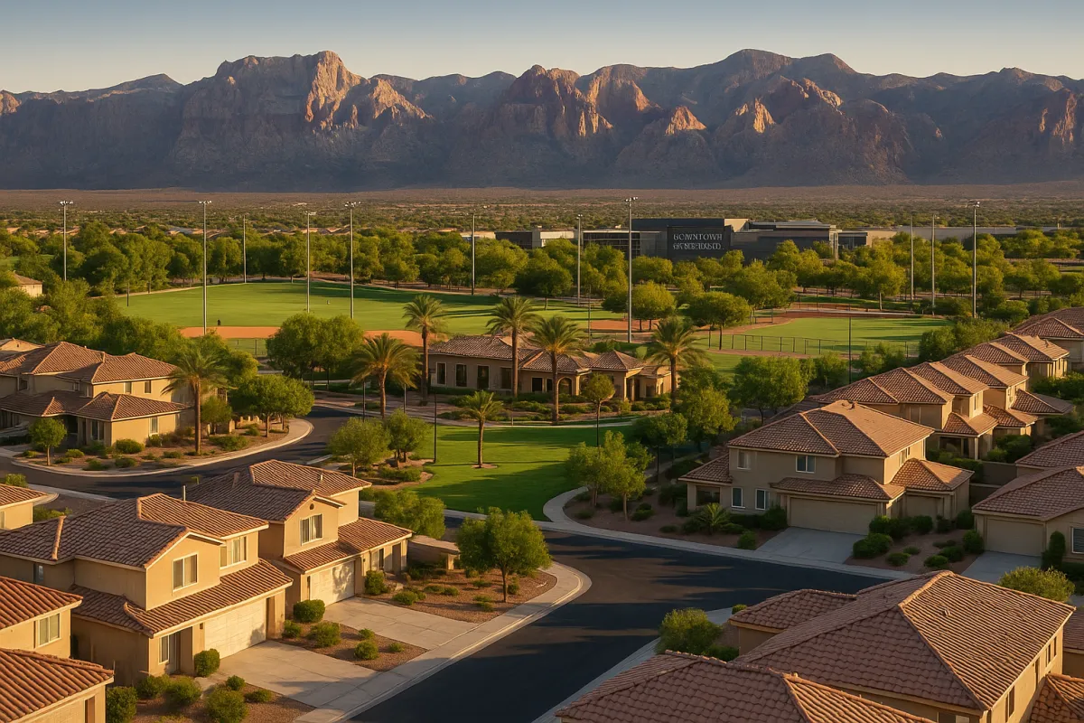 A realistic panoramic view of Summerlin West, Las Vegas featuring upscale homes with terracotta rooftops, landscaped parks, a baseball field, palm-lined streets, and Red Rock Canyon mountains in the backdrop—showcasing the community’s luxury living, outdoor amenities, and family-friendly appeal