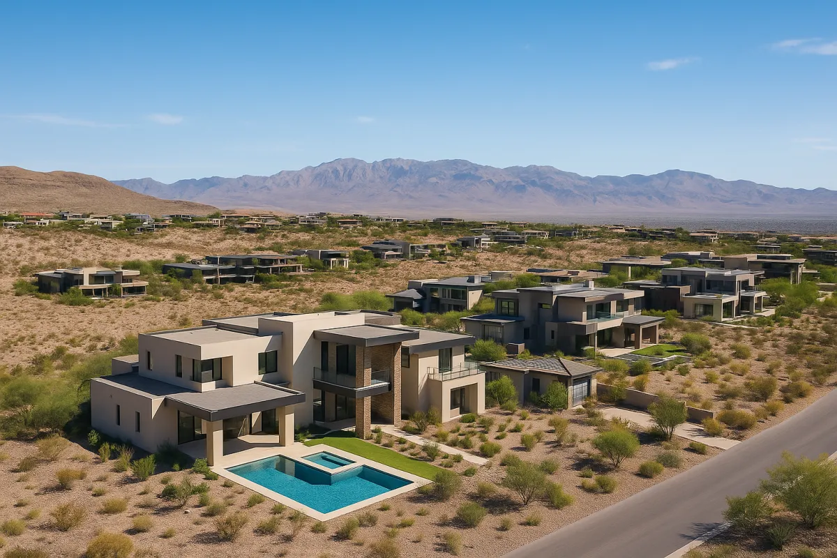 Luxury modern homes in The Ridges, Summerlin Las Vegas with desert landscaping, private pools, and panoramic Red Rock Canyon views, highlighting exclusive golf course living.