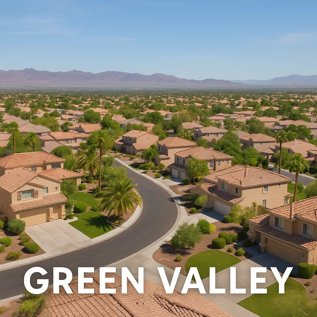 A high-resolution aerial view of Green Valley in Henderson, Nevada, showcasing Mediterranean-style homes with terracotta roofs, manicured lawns, palm trees, and clean residential streets, set against a backdrop of desert mountains under a bright blue sky. The community reflects an upscale, family-friendly suburban lifestyle.