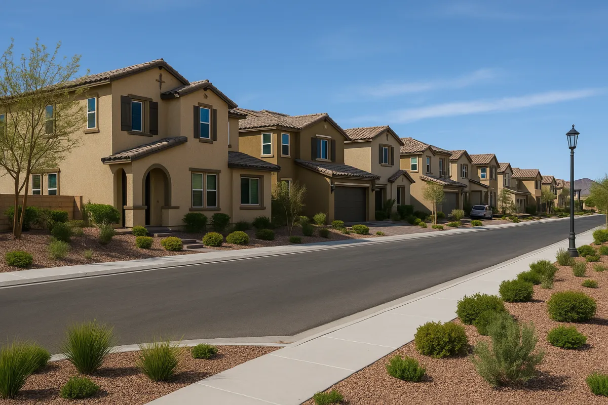 A realistic photo of Inspirada in Henderson, Nevada, featuring Mediterranean-style single-family homes on a clean, landscaped street with desert plants and Sloan Canyon mountain views in the backdrop, designed to highlight the beauty and lifestyle of the community for homebuyers.