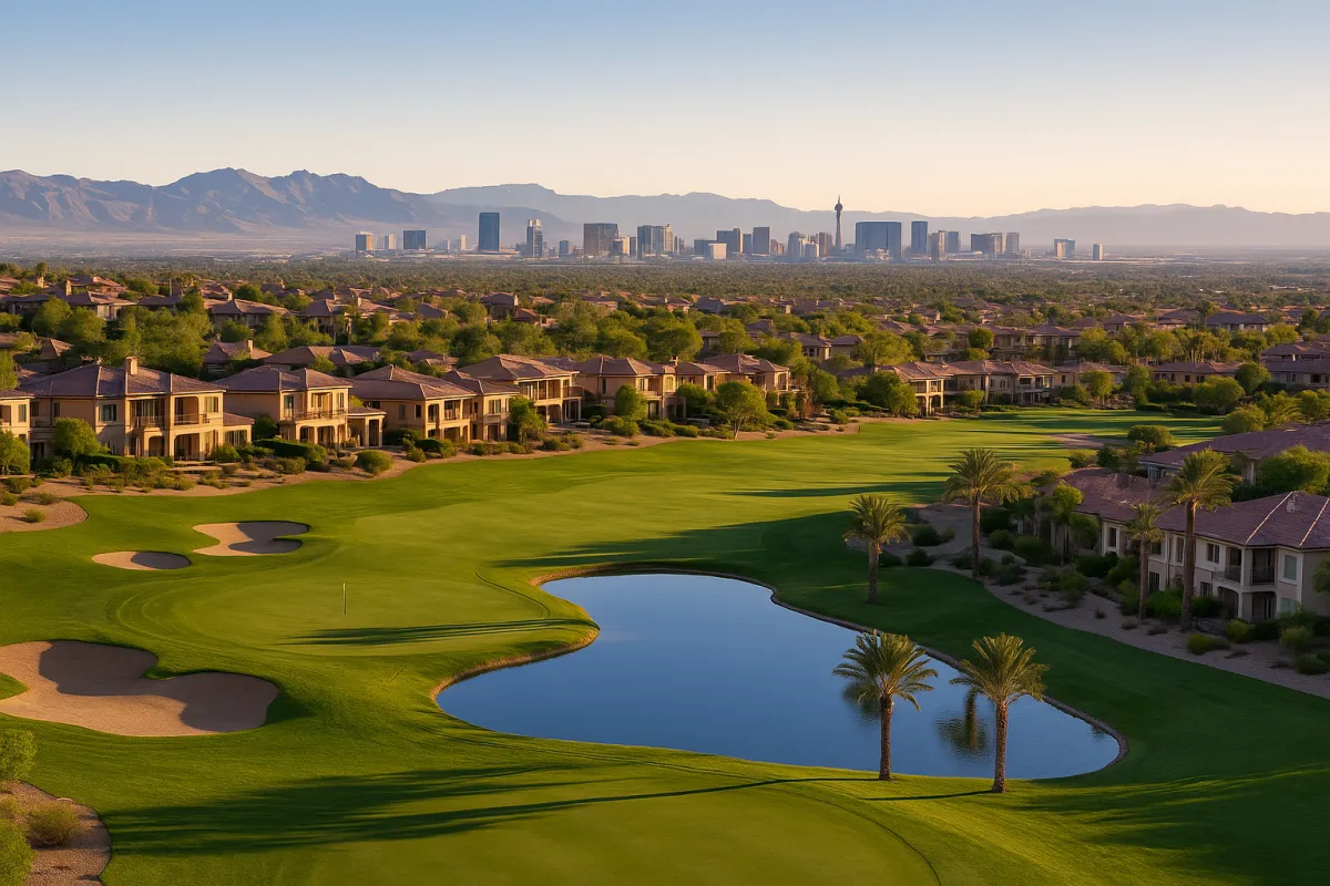 A panoramic view of Seven Hills in Henderson, Nevada, showcasing luxury Mediterranean-style homes overlooking the Rio Secco Golf Club fairways with a reflective water feature, palm trees, and the Las Vegas Strip skyline in the distance framed by desert mountains.