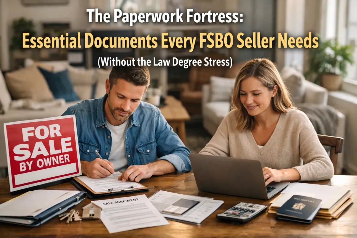 Organized home sale documents including property disclosures, purchase agreements, and title paperwork for FSBO sellers.