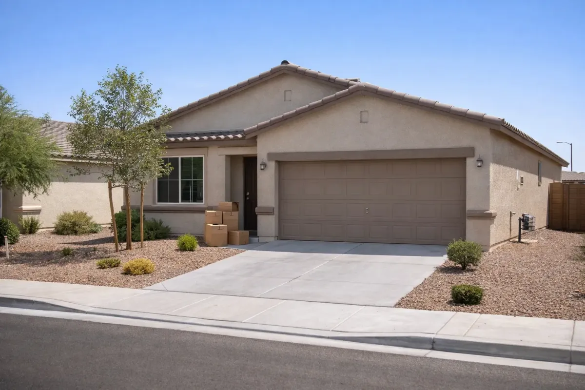 Single-story Las Vegas home with desert landscaping and moving boxes, representing a realistic inherited property in Henderson or Centennial Hills during probate transition.