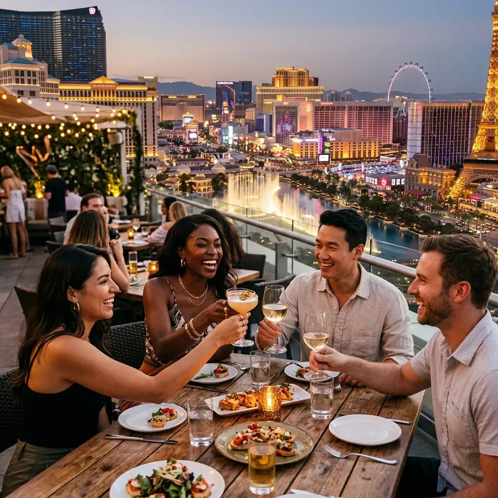 Golden sunrise over the Las Vegas Valley mountains. Families enjoying a vibrant neighborhood park in Summerlin. Cozy outdoor patio dining setup in Henderson, Nevada.