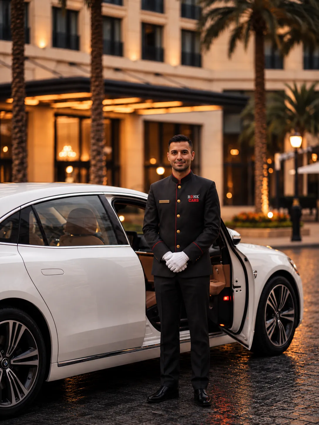 Chauffeur with luxury vehicle at a hotel arrival