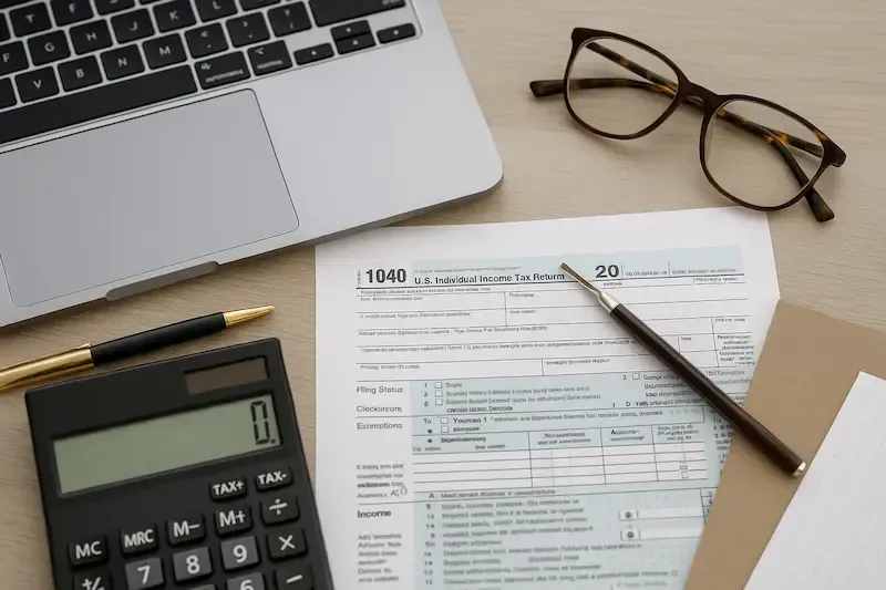 Flat lay of tax documents, glasses, calculator, and laptop on a desk representing personal tax filing