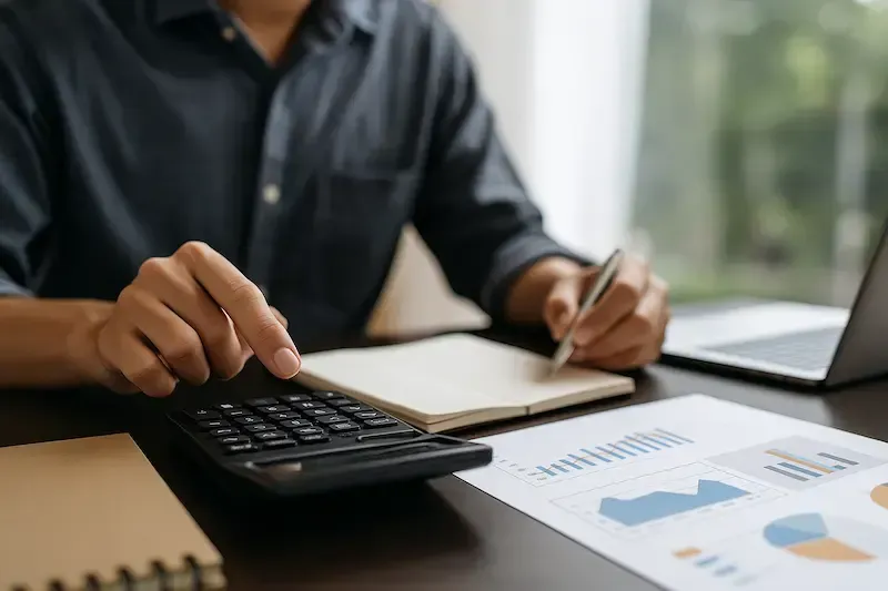 Man using a calculator while reviewing financial graphs and spreadsheets in a bright office