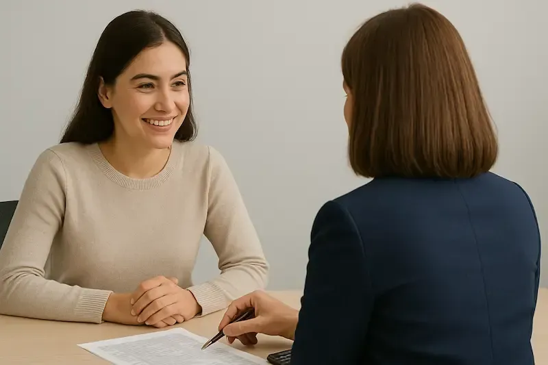 Two women meeting at a desk, discussing paperwork in a professional, supportive setting