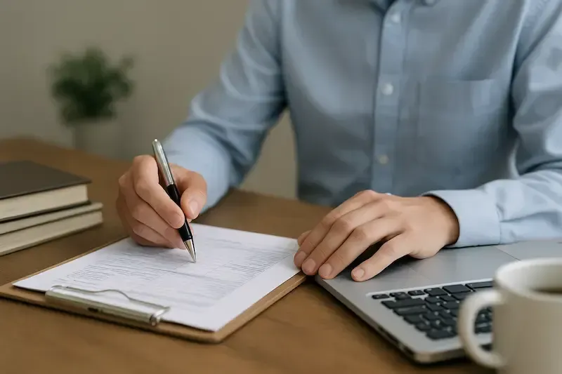 Man reviewing documents and taking notes beside a laptop and coffee cup, representing business tax planning