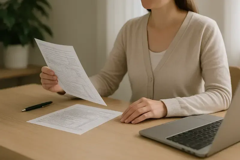 Woman reviewing tax paperwork with a laptop and printed forms at a home office desk