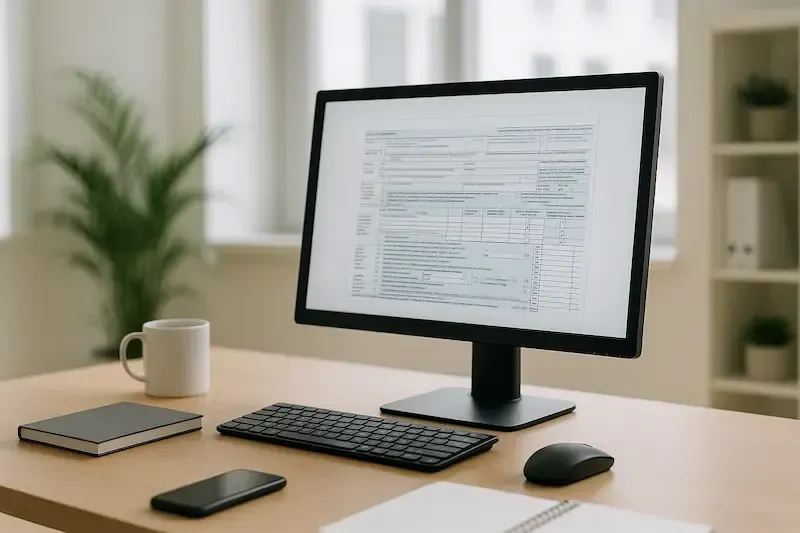 Desk with desktop monitor displaying financial software and tax planning tools