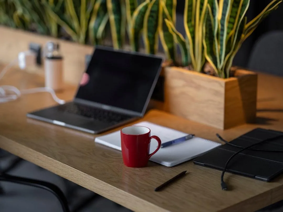 Modern desk setup with laptop, notebook, red coffee mug, and indoor plants—representing focus, clarity, and personalized support