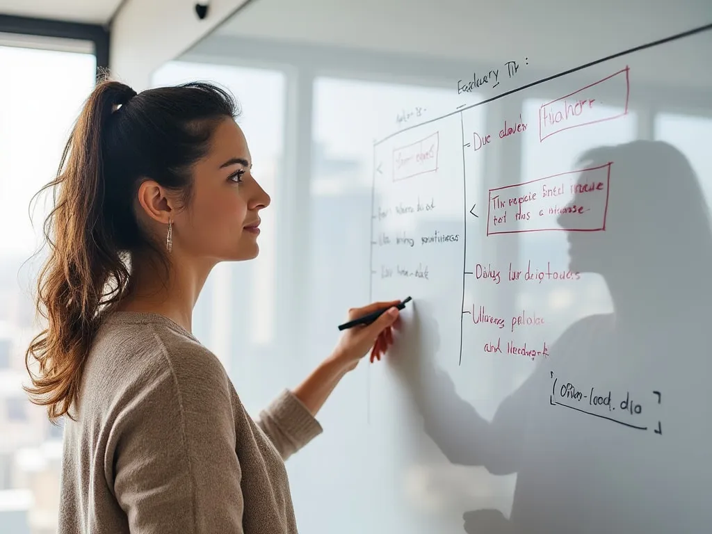 Woman writing on a whiteboard, engaged in a brainstorming session