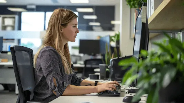 Woman working on a computer, focused on her task