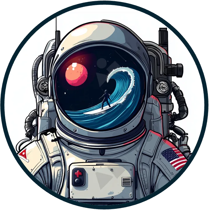 Astronaut helmet reflecting a surfer riding a wave under a red planet, symbolizing Digital Hydronaut's innovative approach to blending technology and creativity in digital marketing.