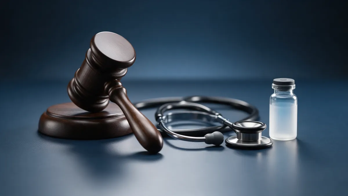 Gavel, stethoscope, and medical vial representing medspa legal compliance and licensing requirements