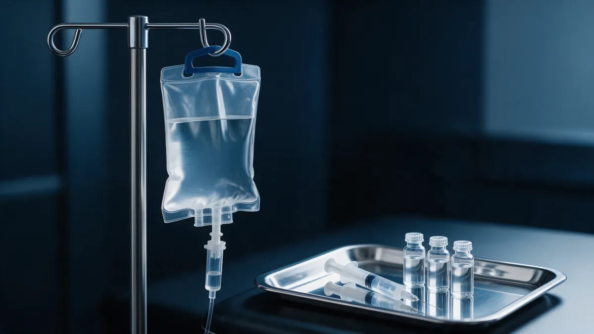 IV bag, pole, and tray of medical vials representing medspa IV therapy patient safety