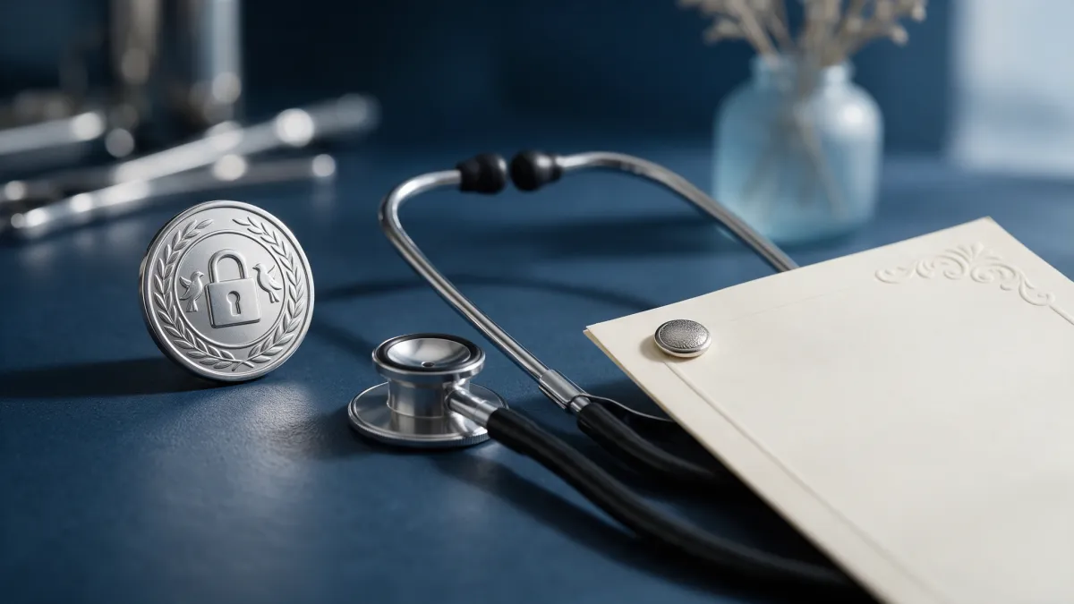 Certification seal, stethoscope, and official document representing medspa accreditation standards