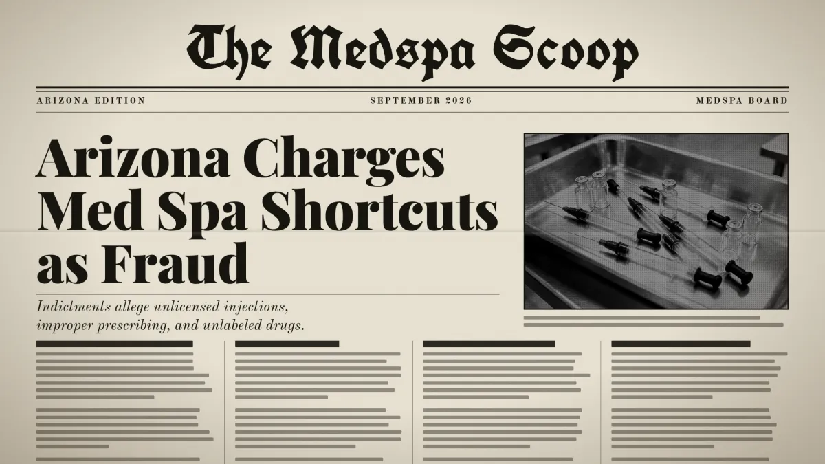 Vintage newspaper front page with the headline "Arizona Charges Med Spa Shortcuts as Fraud" and a black-and-white photo