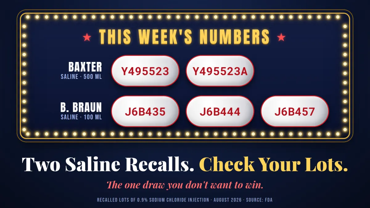 Lottery-style results board titled "This Week's Numbers" showing recalled saline lot numbers Y495523 and Y495523A (Baxter) and J6B435, J6B444 and J6B457 (B. Braun), with the headline "Two Saline Recalls. Check Your Lots."