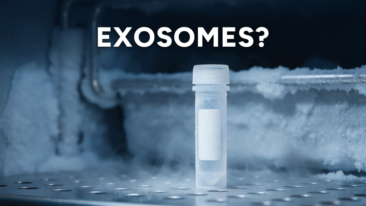 Frosted, unlabeled vial on a stainless steel shelf inside a laboratory freezer, with the word "EXOSOMES?" in white text centered above it.