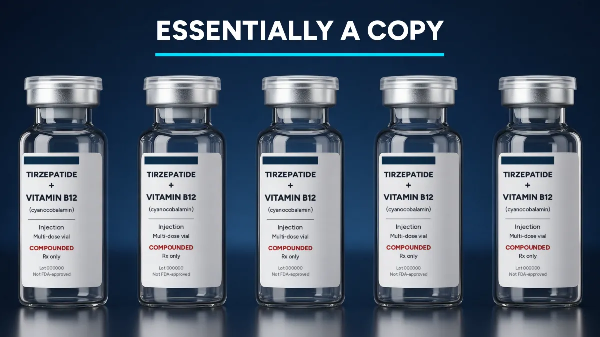 A row of identical compounded vials labeled "Tirzepatide + Vitamin B12" under the headline "Essentially a Copy."
