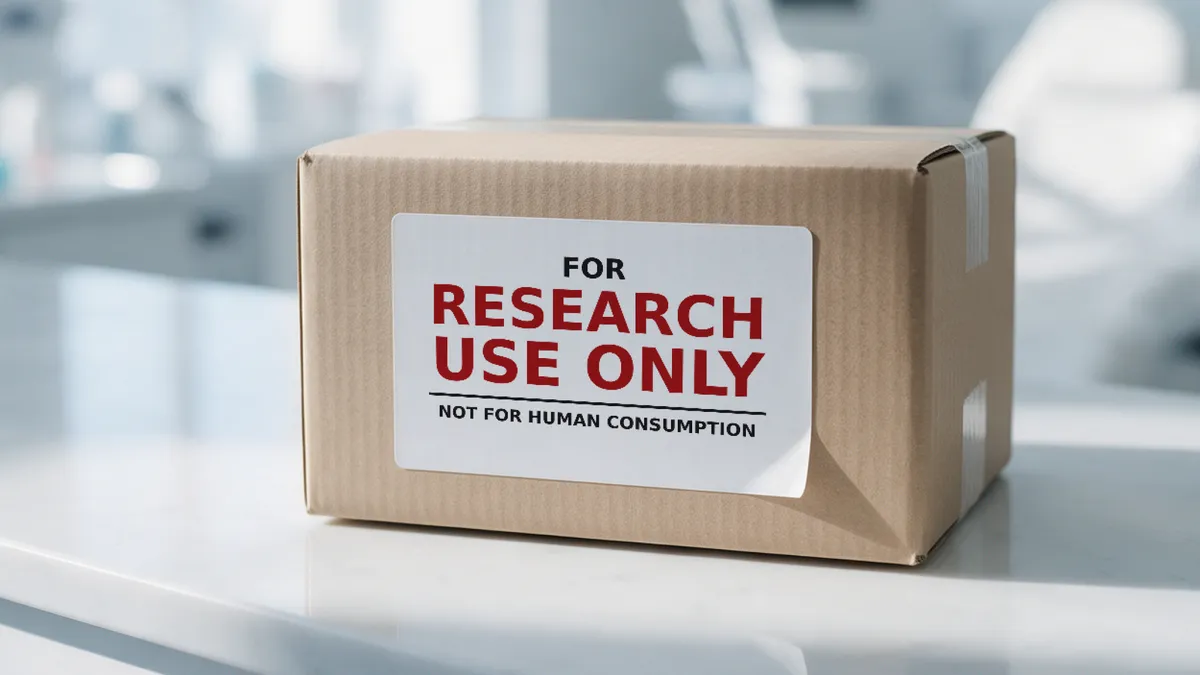 A cardboard shipping box on a medspa counter with a peeling sticker that reads "For Research Use Only, Not for Human Consumption."