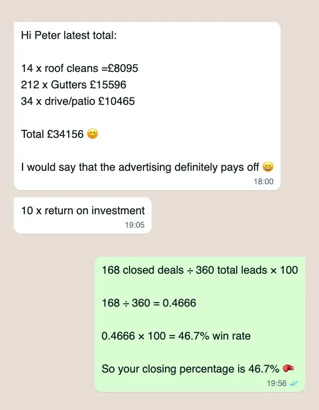 WhatsApp message from Jet Kings showing £34,156 of work booked from one ad