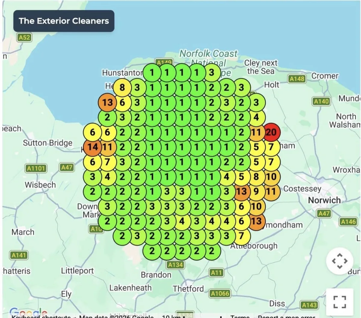 Google Maps rank grid for The Exterior Cleaners, Norfolk