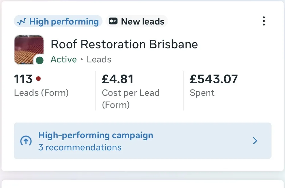Ads Manager: 113 roof restoration leads at £4.81