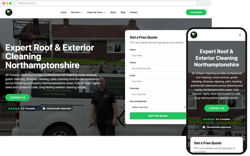 AK Exterior Cleaning website on desktop and phone