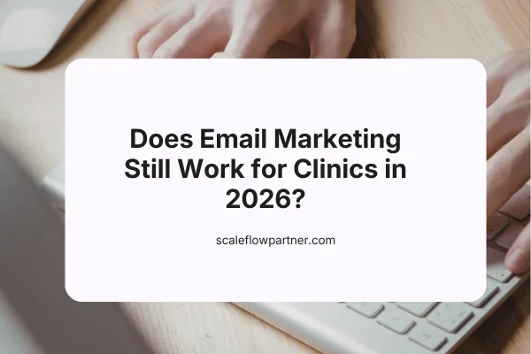 Clinic owner checking email marketing on laptop