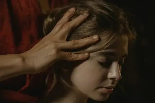 A relaxed client with eyes closed receives a traditional Indian head massage as the therapist's hands gently work on pressure points around the scalp and temples. The treatment is performed in a warm, dimly lit setting that creates a peaceful, meditative atmosphere.