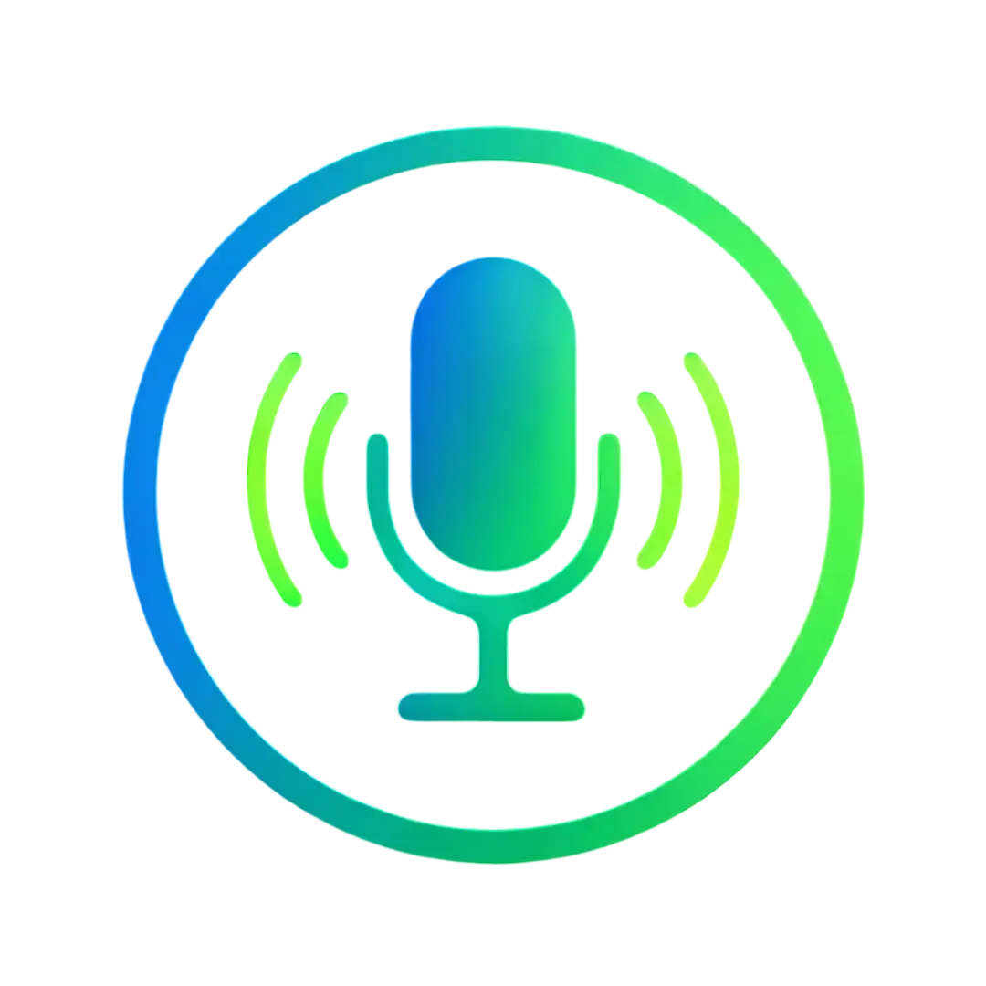 Vector icon of a microphone with glowing soundwaves in a gradient from Electric Blue to Neon Green on a Charcoal Black background, symbolizing AI voice assistants by CalendarLynx.