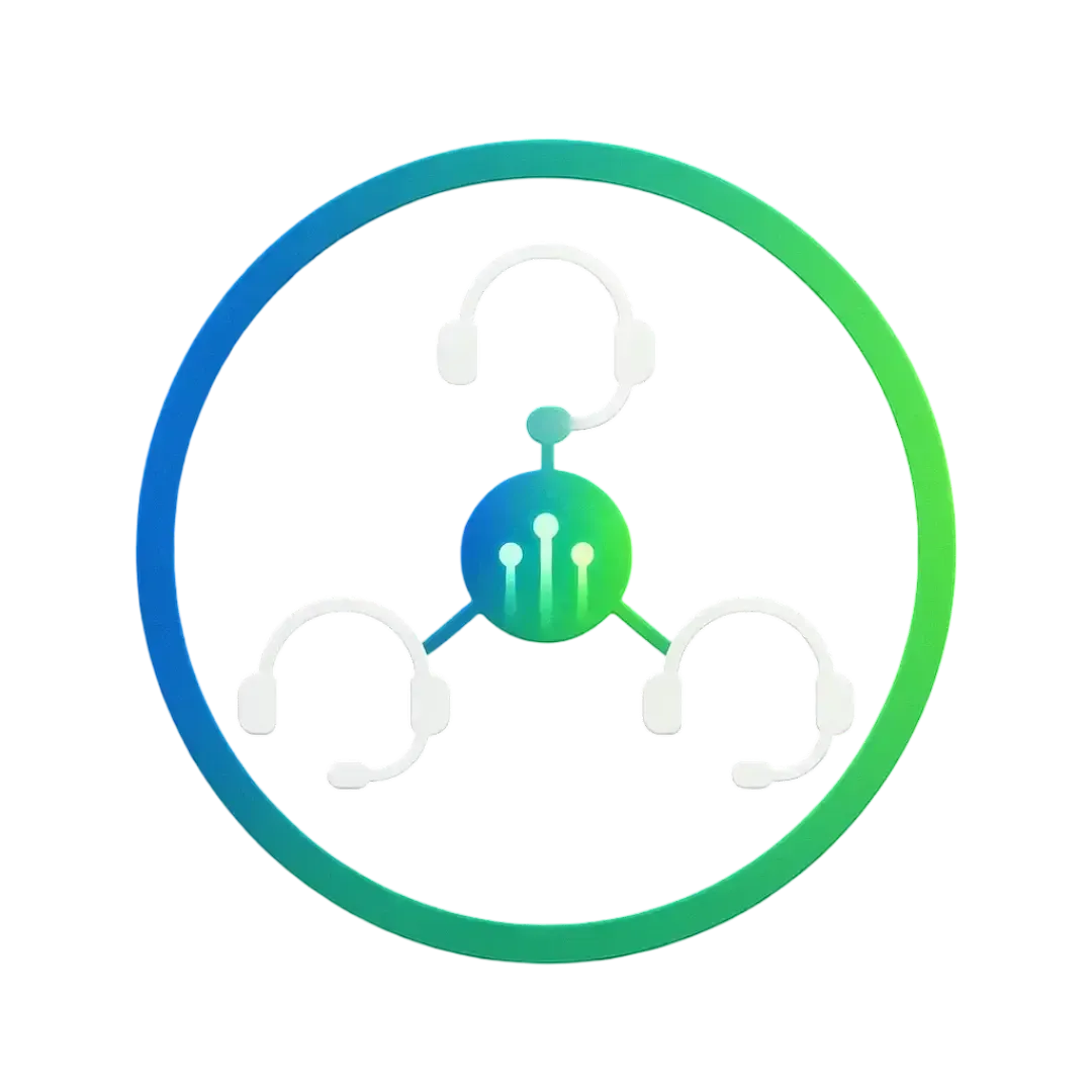 Stylized vector icon of three headsets connected by a central glowing hub in Electric Blue and Neon Green, symbolizing AI-driven team support and call center automation by CalendarLynx.