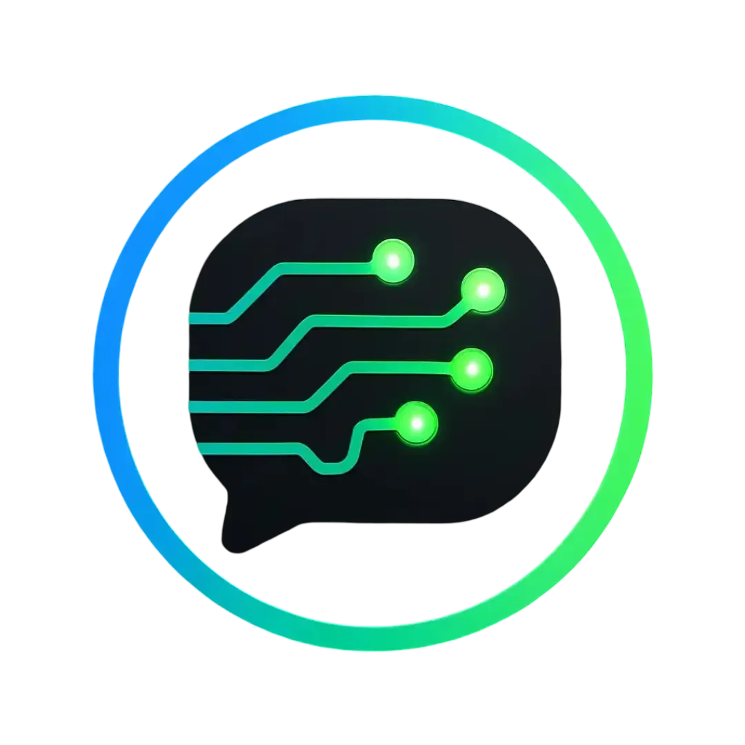 Flat modern vector icon of an AI chatbot speech bubble with digital circuit lines in Electric Blue and Neon Green, representing smart automated conversations for CalendarLynx.