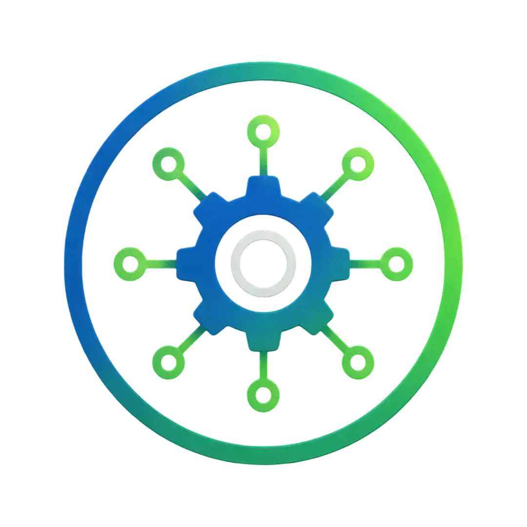 Flat vector icon of a blue gear with neon green circuit nodes linked like a chain on a Charcoal Black background, representing CalendarLynx AI automation and workflow optimization.