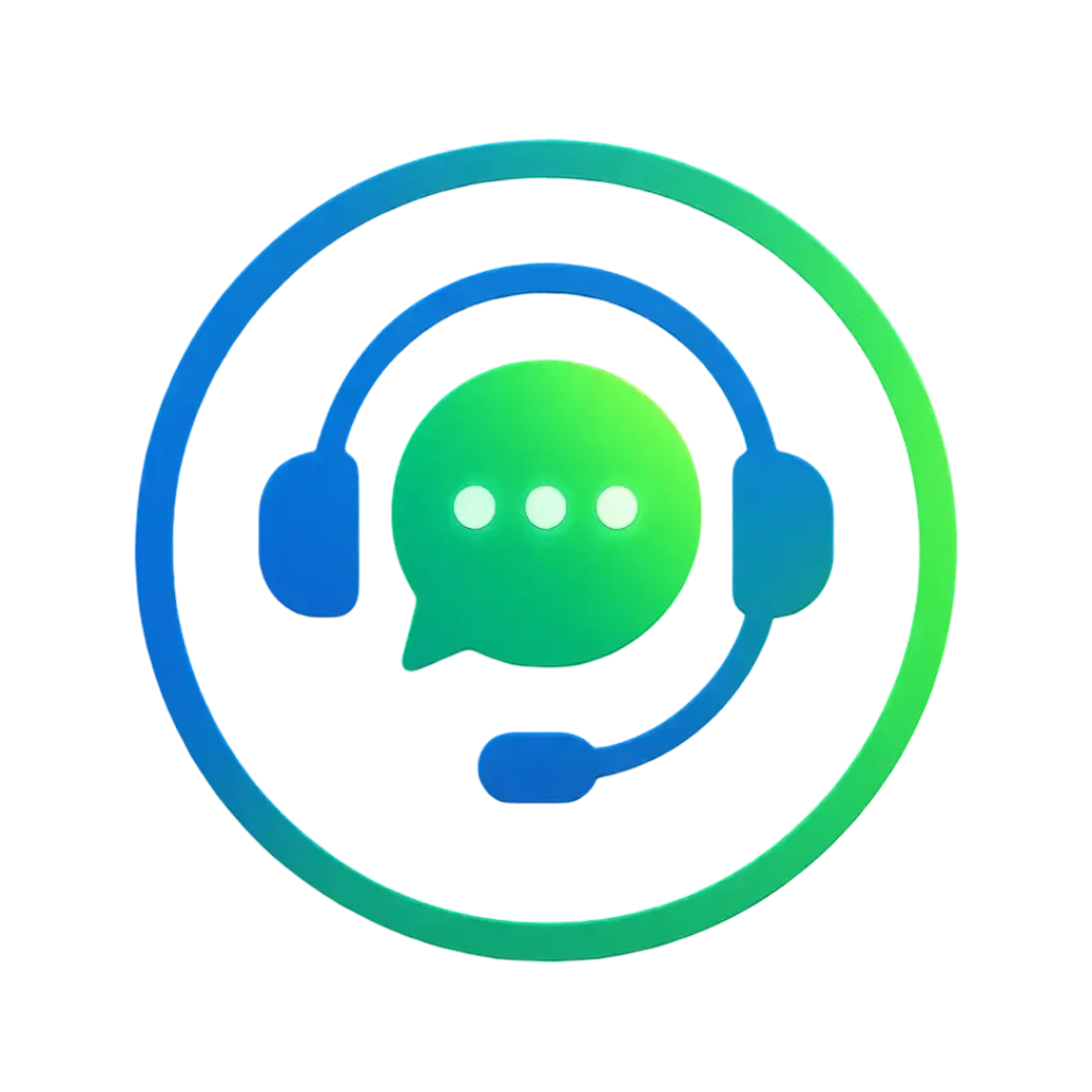Modern vector icon of a blue headset with a glowing green chat bubble on a dark background, representing CalendarLynx AI receptionist solutions for customer support automation.