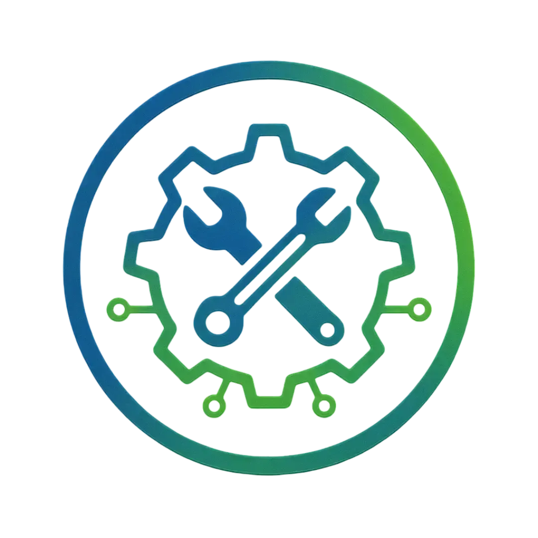 Circular vector icon of a wrench and screwdriver inside a glowing Electric Blue gear with Neon Green nodes, symbolizing AI-powered automation for home service businesses by CalendarLynx.