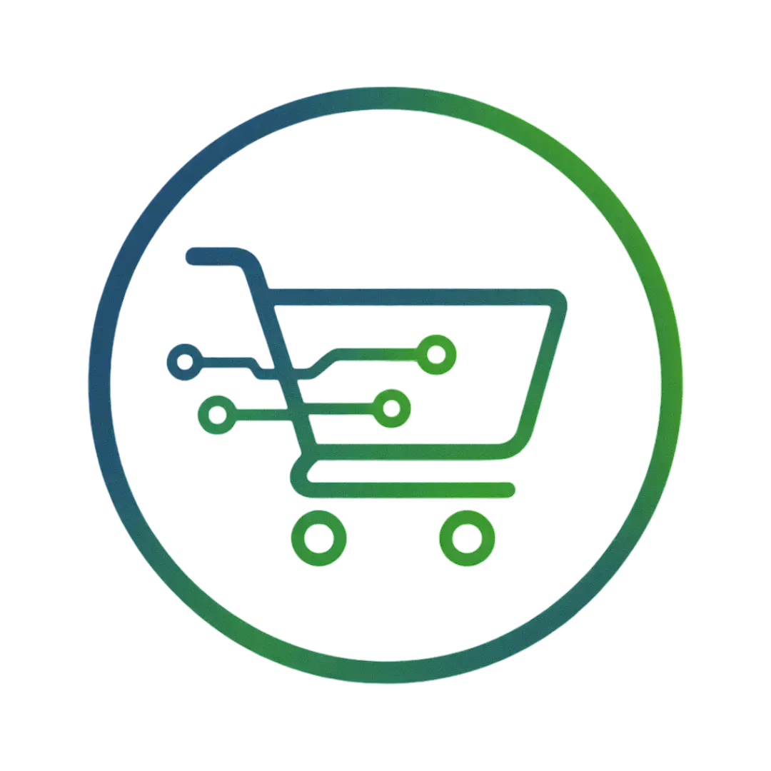 Circular icon of a shopping cart integrated with Neon Green digital circuits and Electric Blue outlines, representing AI automation for online retail and e-commerce operations by CalendarLynx.
