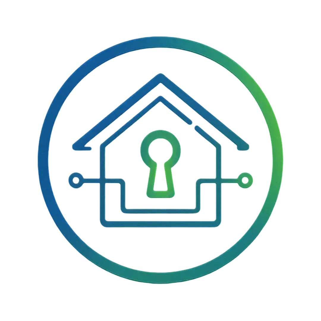 Circular icon featuring a smart home outline with a glowing Neon Green keyhole and Electric Blue lines, representing AI automation for real estate professionals by CalendarLynx.