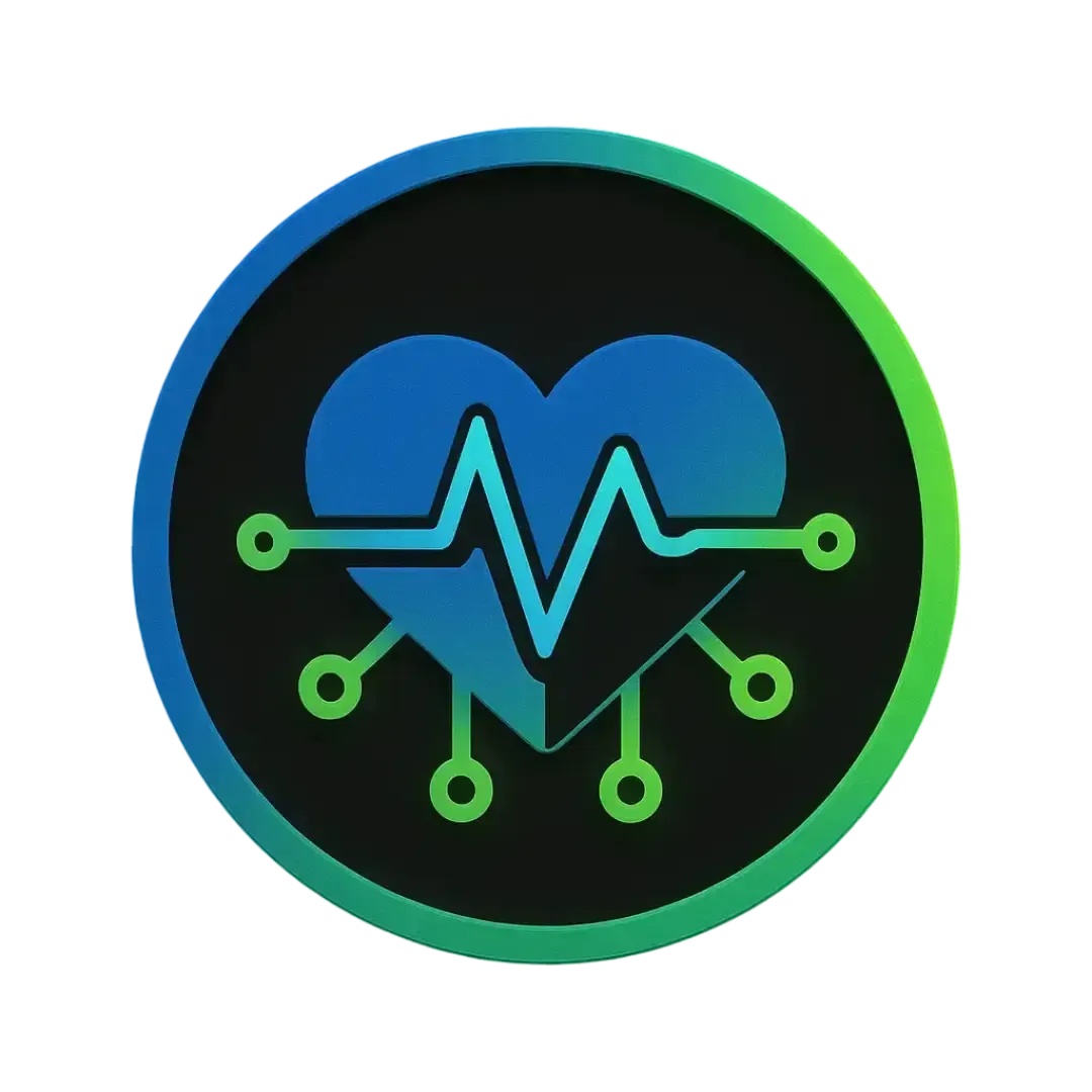 Circular icon showing a glowing heart and digital pulse lines in Electric Blue and Neon Green, symbolizing AI healthcare automation by CalendarLynx.