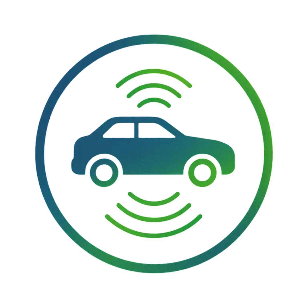 Circular icon of a car with Electric Blue outlines and Neon Green circuit wheels, representing AI scheduling and automation for automotive businesses by CalendarLynx.