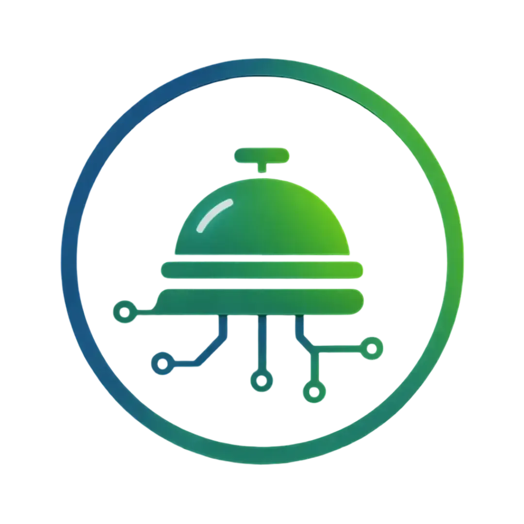 Circular icon of a service bell emitting Electric Blue and Neon Green circuit lines, representing AI concierge and automation technology for hospitality by CalendarLynx.