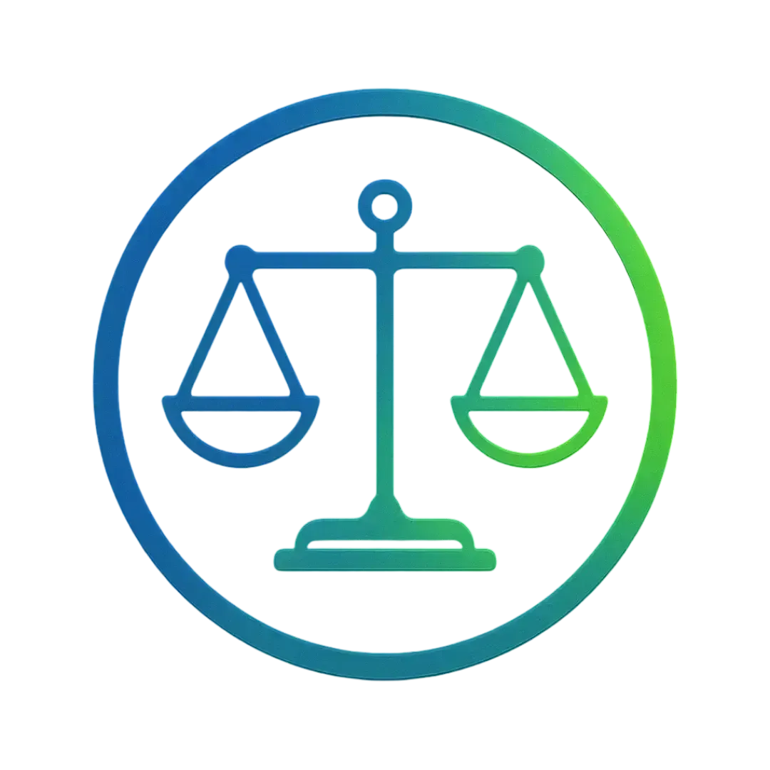 Modern flat icon of balanced legal scales with digital circuit lines in Electric Blue and Neon Green, representing AI solutions for legal services by CalendarLynx.