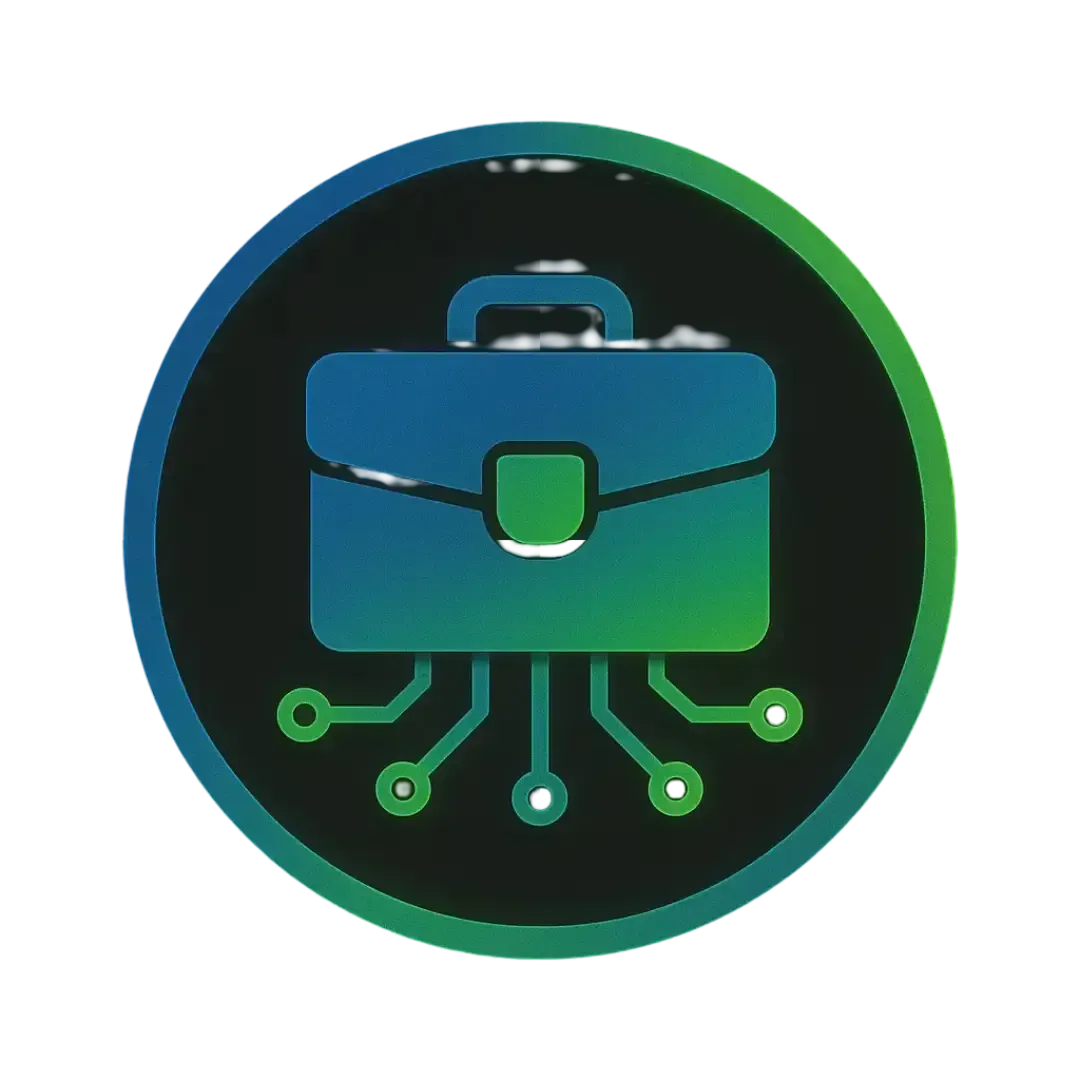 Circular icon of a briefcase with glowing Neon Green data nodes and Electric Blue outlines, symbolizing workflow automation for professional service providers by CalendarLynx.